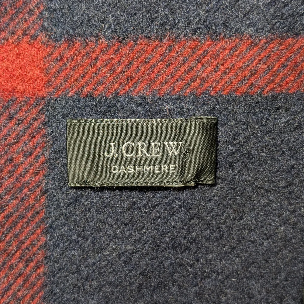 J. Crew Cashmere Navy Blue Tartan Plaid Scarf  Red Cream Green - Picture 3 of 5